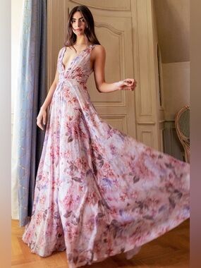 Jenny yoo floral Pink V-Neck Maxi Dress flowy flirty feminine chic poplin 2 boho